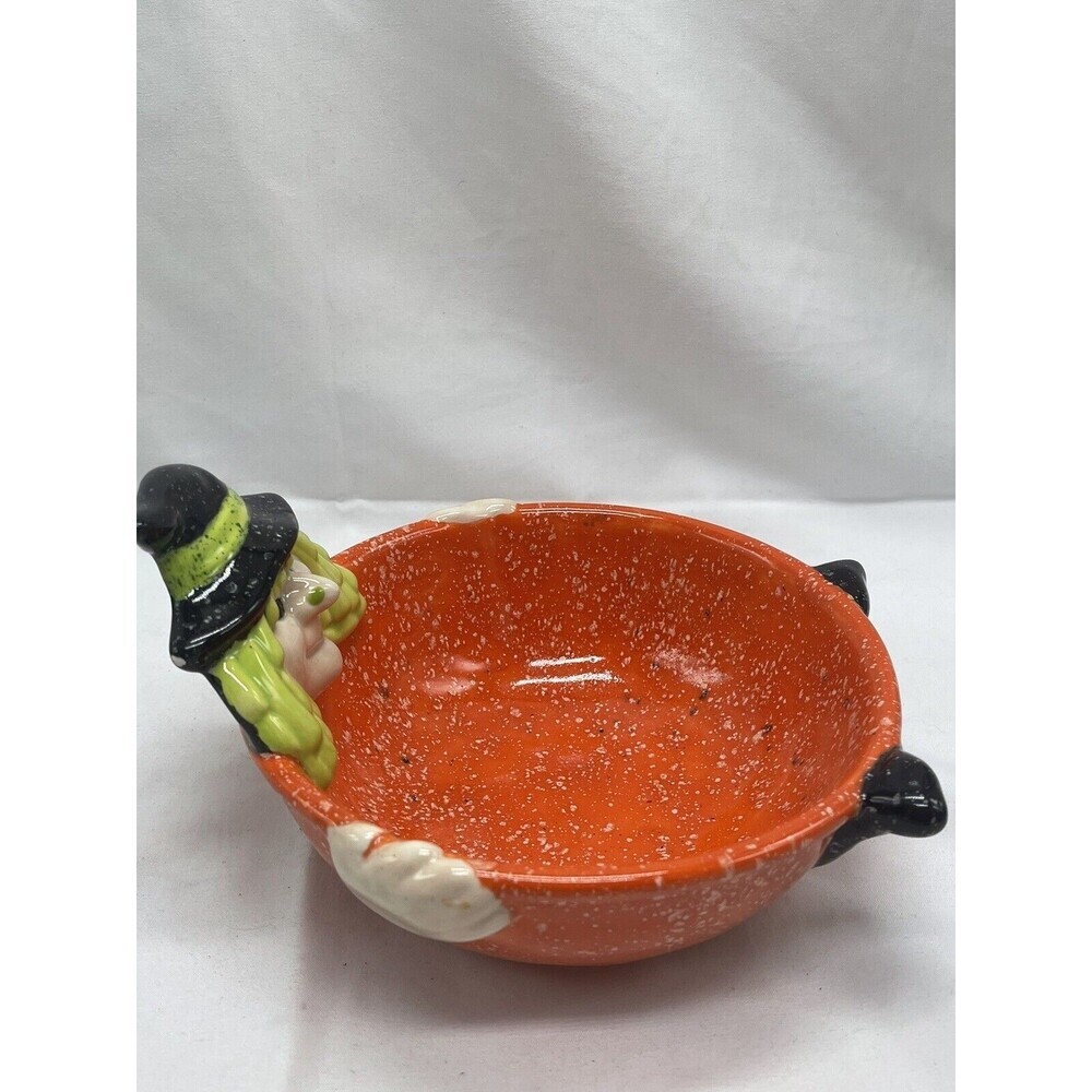 Cloe K Halloween Witch Candy Dish Bowl Ceramic Orange Green Black RARE - Picture 10 of 16